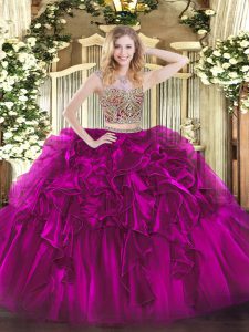 Clearance Fuchsia Sleeveless Floor Length Beading and Ruffles Lace Up Quinceanera Gowns