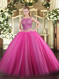 Glamorous Two Pieces Quinceanera Dresses Hot Pink Scoop Tulle Sleeveless Floor Length Lace Up