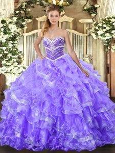 Organza Sweetheart Sleeveless Lace Up Beading and Ruffled Layers Quinceanera Gowns in Lavender