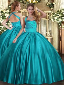 Best Selling Halter Top Sleeveless Sweet 16 Quinceanera Dress Floor Length Ruching Teal Satin