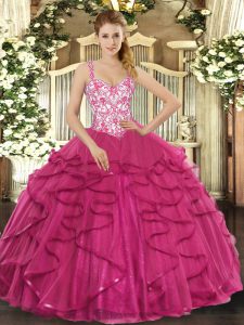 Pretty Ball Gowns Ball Gown Prom Dress Hot Pink Straps Tulle Sleeveless Floor Length Lace Up