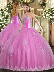 Rose Pink Tulle Lace Up Quinceanera Gowns Sleeveless Floor Length Beading and Appliques