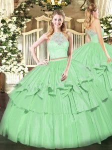 Inexpensive Sleeveless Floor Length Lace and Ruffled Layers Zipper 15th Birthday Dress with Apple Green