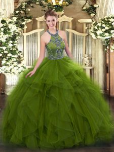Fashion Floor Length Olive Green Quinceanera Gown Tulle Sleeveless Beading and Ruffles