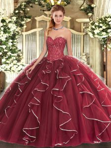 Burgundy Sweetheart Neckline Beading and Ruffles 15 Quinceanera Dress Sleeveless Lace Up