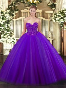 Beautiful Purple Ball Gowns Tulle Sweetheart Sleeveless Beading Floor Length Lace Up 15 Quinceanera Dress