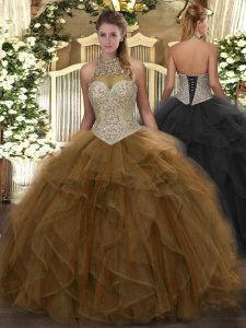 Wonderful Brown Halter Top Neckline Beading and Ruffles Quinceanera Gown Sleeveless Lace Up
