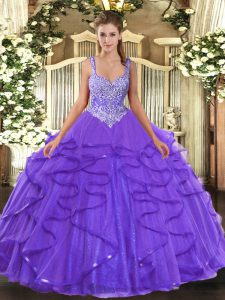 Lavender Straps Lace Up Beading and Ruffles Quinceanera Dress Sleeveless