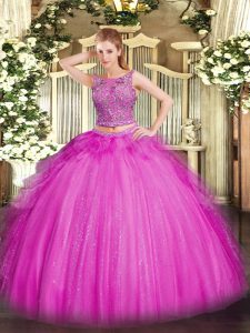 Glamorous Fuchsia Sleeveless Floor Length Beading and Ruffles Lace Up Vestidos de Quinceanera