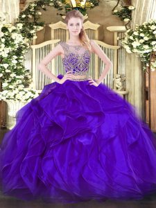 Purple Lace Up Scoop Beading and Ruffles Sweet 16 Dress Organza Sleeveless