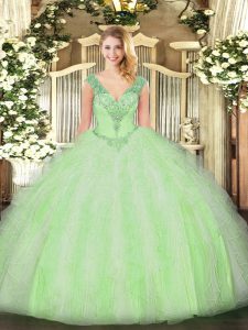 Trendy Ball Gowns Quinceanera Gown Yellow Green V-neck Organza Sleeveless Floor Length Lace Up