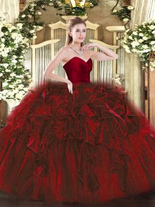 Wine Red Organza Zipper Sweetheart Sleeveless Floor Length Quinceanera Gown Ruffles