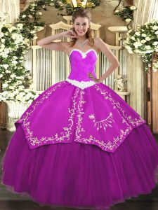 Attractive Fuchsia Ball Gowns Organza and Taffeta Sweetheart Sleeveless Appliques and Embroidery Floor Length Lace Up Ball Gown Prom Dress