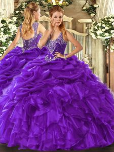 Dramatic Purple Lace Up Quince Ball Gowns Beading and Ruffles and Pick Ups Sleeveless Floor Length