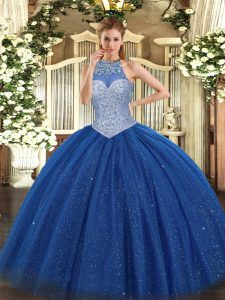 Ball Gowns Quinceanera Dress Royal Blue Halter Top Tulle Sleeveless Floor Length Lace Up