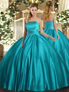 Stylish Teal Ball Gowns Ruching Quinceanera Gowns Lace Up Satin Sleeveless Floor Length