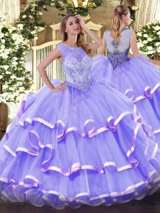 Custom Fit Beading and Ruffled Layers Quinceanera Gown Lavender Zipper Sleeveless Floor Length
