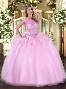 Pretty Organza Scoop Sleeveless Zipper Beading Quinceanera Dresses in Pink