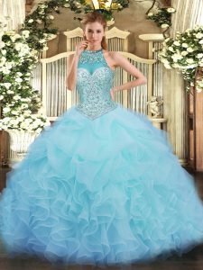 Floor Length Lace Up Vestidos de Quinceanera Aqua Blue for Military Ball and Sweet 16 and Quinceanera with Beading and Ruffles and Pick Ups