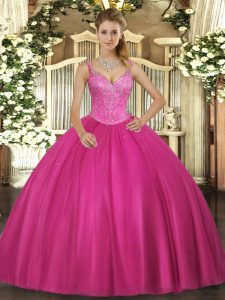 Simple Ball Gowns Sweet 16 Dresses Fuchsia V-neck Tulle Sleeveless Floor Length Lace Up