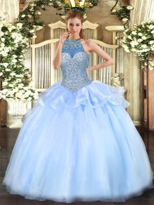 Blue Halter Top Lace Up Beading Quinceanera Gowns Sleeveless