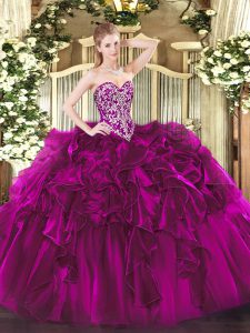 Sleeveless Organza Floor Length Lace Up Quinceanera Gowns in Fuchsia with Beading and Ruffles