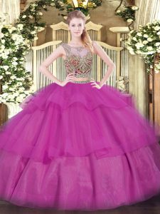 Fuchsia Two Pieces Beading and Ruffled Layers Sweet 16 Dress Lace Up Tulle Sleeveless Floor Length