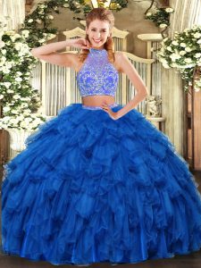 Exquisite Floor Length Criss Cross Vestidos de Quinceanera Royal Blue for Military Ball and Sweet 16 and Quinceanera with Beading and Ruffles
