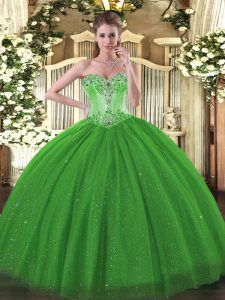 Affordable Floor Length Green Quinceanera Dress Tulle and Sequined Sleeveless Beading