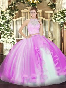 Flirting Floor Length Lilac Sweet 16 Dresses Tulle Sleeveless Lace and Ruffles