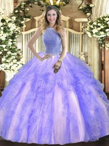Dramatic Lavender Ball Gowns High-neck Sleeveless Tulle Floor Length Lace Up Beading and Ruffles Sweet 16 Quinceanera Dress