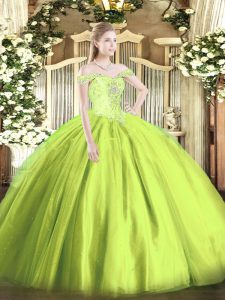 Yellow Green Ball Gowns Off The Shoulder Sleeveless Tulle Floor Length Lace Up Beading Sweet 16 Dress