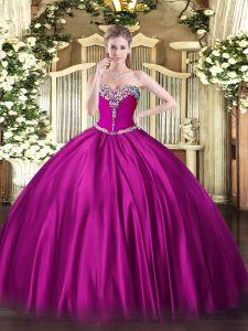 Custom Made Fuchsia Ball Gowns Sweetheart Sleeveless Satin Floor Length Lace Up Beading Sweet 16 Dress