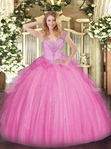 Latest Rose Pink Lace Up V-neck Beading Sweet 16 Quinceanera Dress Tulle Sleeveless