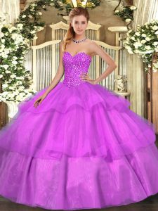 Sophisticated Sleeveless Tulle Floor Length Lace Up Quince Ball Gowns in Lilac with Beading and Ruffled Layers