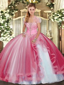 Extravagant Floor Length Pink Quinceanera Dresses Strapless Sleeveless Lace Up