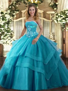 Strapless Sleeveless Tulle Ball Gown Prom Dress Beading and Ruffled Layers Lace Up