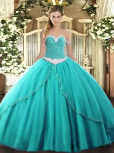 Brush Train Ball Gowns 15 Quinceanera Dress Turquoise Sweetheart Tulle Sleeveless Lace Up