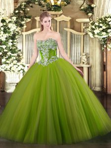 Olive Green Ball Gowns Tulle Strapless Sleeveless Beading Floor Length Lace Up Sweet 16 Quinceanera Dress