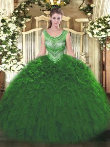 Green Organza Lace Up Scoop Sleeveless Floor Length Sweet 16 Quinceanera Dress Beading and Ruffles