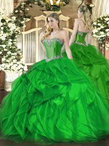 Green Lace Up Sweetheart Beading and Ruffles 15 Quinceanera Dress Organza Sleeveless