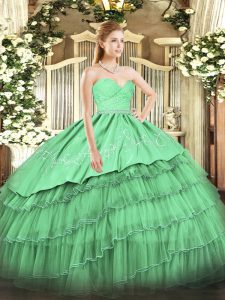 Low Price Green Sleeveless Floor Length Beading and Lace and Embroidery and Ruffled Layers Zipper Vestidos de Quinceanera