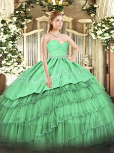 Low Price Green Sleeveless Floor Length Beading and Lace and Embroidery and Ruffled Layers Zipper Vestidos de Quinceanera