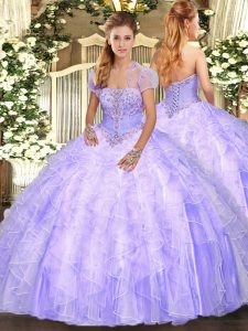 Trendy Ball Gowns Quinceanera Dresses Lavender Strapless Tulle Sleeveless Floor Length Lace Up