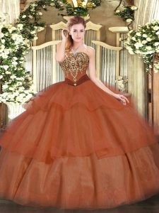 Great Rust Red Ball Gowns Tulle Strapless Sleeveless Beading and Ruffled Layers Floor Length Lace Up Sweet 16 Quinceanera Dress