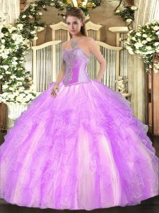 Trendy Lilac Sleeveless Beading and Ruffles Floor Length 15th Birthday Dress