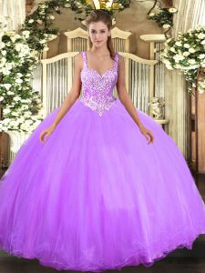 Amazing Ball Gowns Quince Ball Gowns Lavender Straps Tulle Sleeveless Floor Length Lace Up