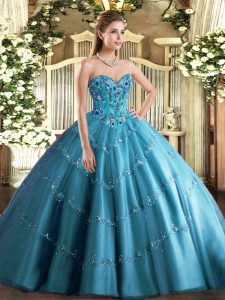 Graceful Sweetheart Sleeveless Tulle 15 Quinceanera Dress Appliques and Embroidery Lace Up