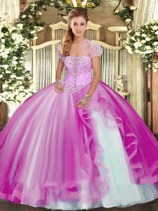 Inexpensive Fuchsia Strapless Lace Up Appliques and Ruffles Quinceanera Dress Sleeveless