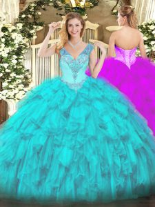 Aqua Blue V-neck Neckline Beading and Ruffles Quinceanera Gown Sleeveless Lace Up